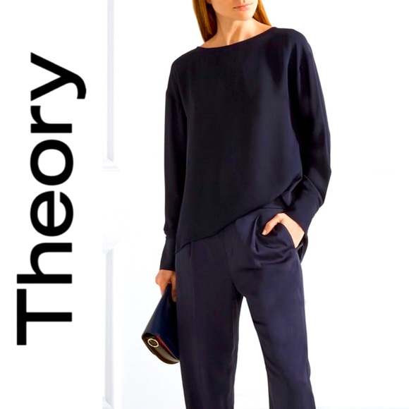 Theory Jarthstin Womens Silk Open Split Back Blouse Top Shirt Long Sleeves Navy - Picture 4 of 14